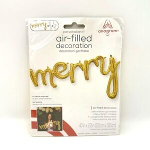 Anagram Merry‎ Air-Filled Gold Balloon Decoration 40"x20" Christmas Party NWT
